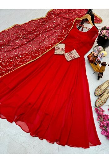 MYSMAR Red Faux Georgette Gown - PMM16743 | Red