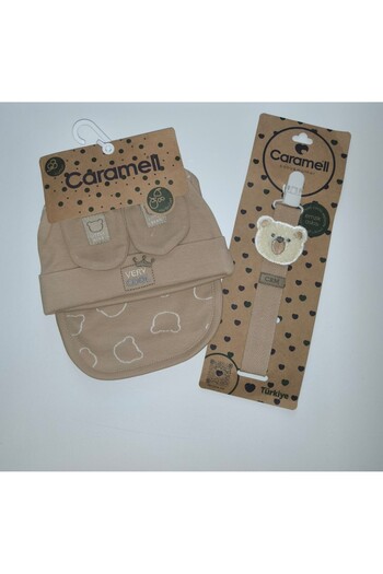 Caramell My Baby Kumsal 4-Piece Set Accessories Glove Bib Beanie Very Cool 2078 and Pacifier Strap