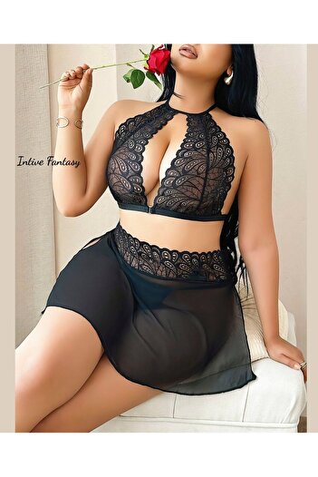 İntive Lingerie Σετ σουτιέν Intive Fantasy Μαύρο Plus Size με δαντέλα με διάφανο γιακά