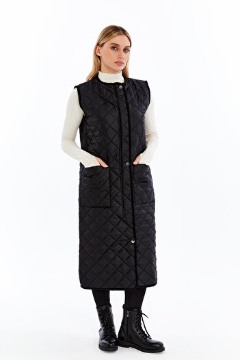 sehatex Women's Zipper Detailed Pocketed Long Quilted Vest