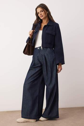 Trendyol Collection Dark Blue High Waist Pleated Extra Wide Leg Jeans Twoaw26Je00238