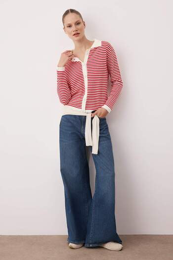 Trendyol Collection Red Striped Polo Neck Detailed Knitwear Cardigan Twoaw26Hi00263