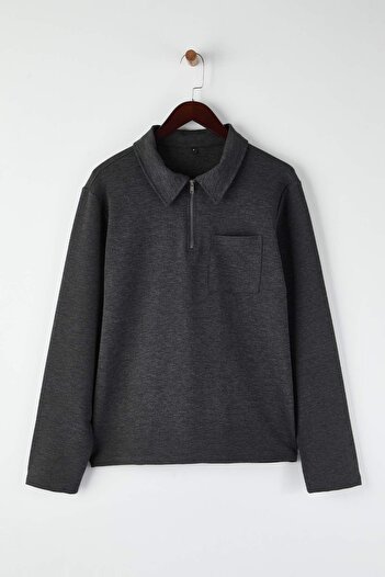 Trendyol Collection Anthracite Melange Regular/Normal Cut Polo Neck Zippered Thick Sweatshirt Tmnaw26Sw00007