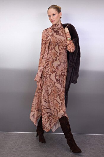 Trendyol Collection Multicolor Printed Shawl Detail Midi Stretchy Tulle Knitted Dress Twoaw26El00160