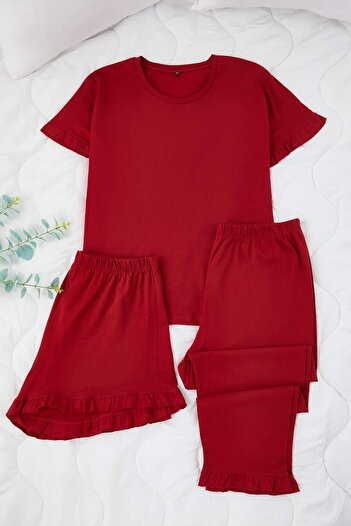 Trendyol Curve Burgundy Crew Neck Ruffle Detailed 3-Piece Pajama Set Tbbss25Ai00093
