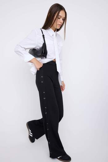 Trendyol Collection Black Side Eyelet Detail Flare/Spanish Leg Knitted Pants Twoaw26Pl00077