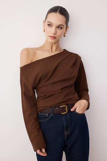 Trendyol Collection Dark Brown Shirring/Drape Detail Flowy Asymmetric Neckline Knitted Blouse Twoaw26Bz00138