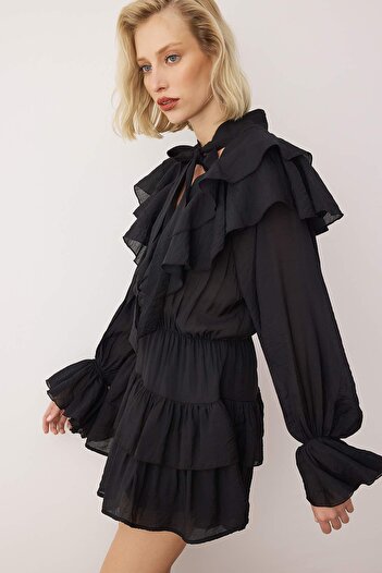 Trendyol Collection Black Ruffle Detail Boho Short / Mini Woven Dress Twoaw26El00309