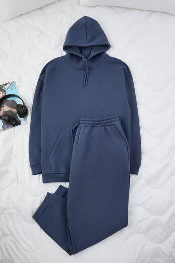 Trendyol Collection Plus Size Indigo Oversize/Wide Hooded Fleece Inside Sweatshirt-Sweatpants Set Tmnaw25Ts00000