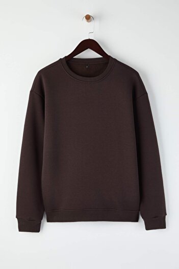 Trendyol Collection Καφέ Oversize/Loose Fit βαμβακερό βασικό φούτερ με φλις επένδυση TMNAW25SW00011