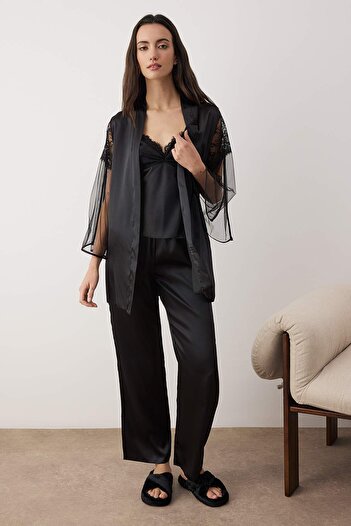 Trendyol Collection Black Plain Satin Woven Pajama Set Thmaw26Pt00199