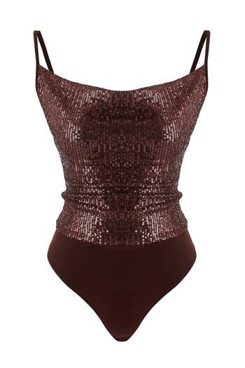 Trendyol Collection Σκούρο καφέ ίσιο γιακά χωρίς μανίκια πλεκτό κορμάκι με παγιέτες TPRAW26BD00030