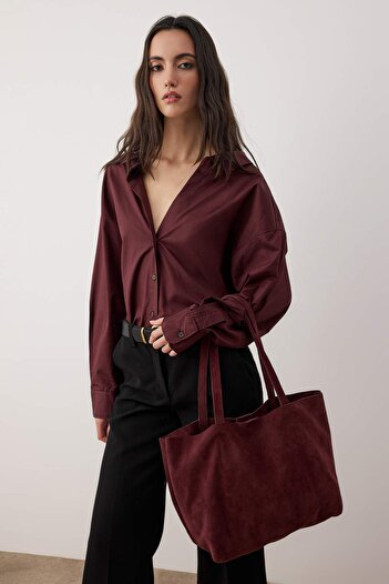 TRENDYOL SHOES Plum Premium Genuine Leather Maxi Tote Women's Shoulder Bag Takaw26Oc00039