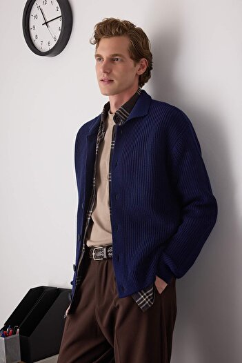 Trendyol Collection Navy Blue Regular Polo Collar Plain Cardigan Tmnaw26Hi00001