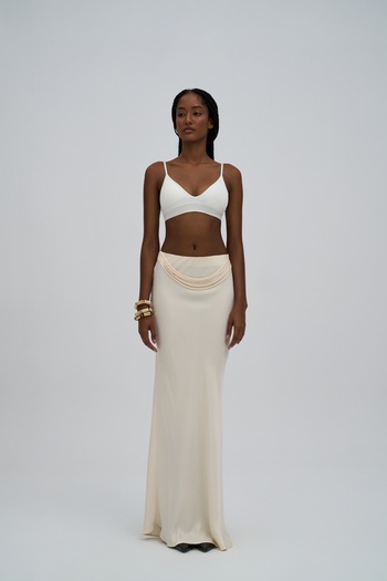 BOHEMAİ Muirnas Suspender Detail Ecru Long Satin Skirt