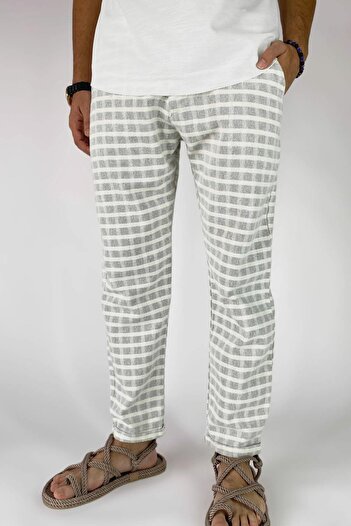 Alışveriş Sokağı Square Patterned 100% Cotton Linen Pants
