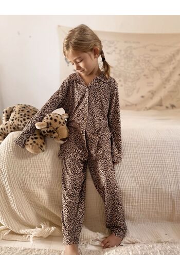 Cigit Flowy Shirt Collar Pajamas Set 8-12 Years Leopard Pattern