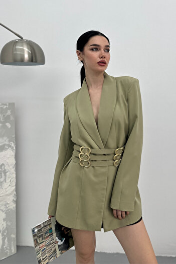 AKD Atelier Women's Blazer Jacket Stylish Double-Breasted Collar Padded Jacket with Gold Belt Detail