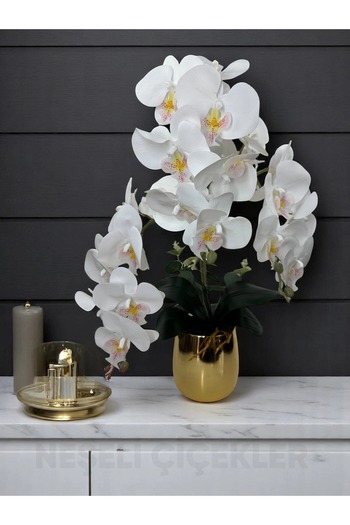 NEŞELİ ÇİÇEKLER Yapay Çiçek Beyaz Islak Orkide 3 Dallı Lüks Gold Metal Saksıda 55 cm Dekoratif Hediye Çiçek