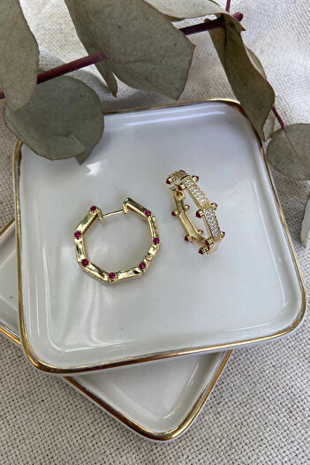 Vitastyle Gold Color Zircon Stone Hexagon Steel Earrings