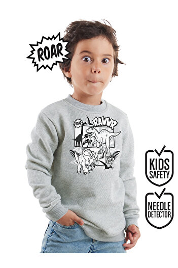 Denokids Boy's Grey Melange Rawr Dino Sweatshirt