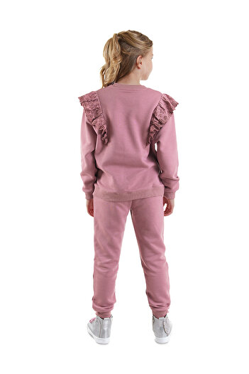 Denokids Ruffled Girl's Dusty Rose Tracksuit Set