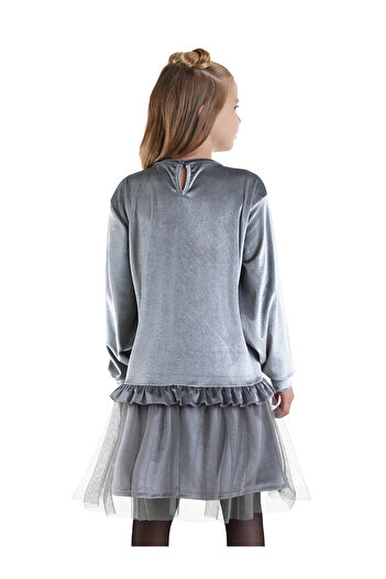 Denokids Girl's Gray Velvet Dress with Leopard Pockets