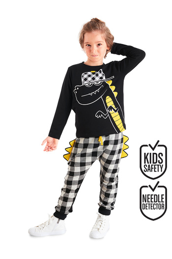 Denokids Boy's Rap Dino T-Shirt and Plaid Pants Set