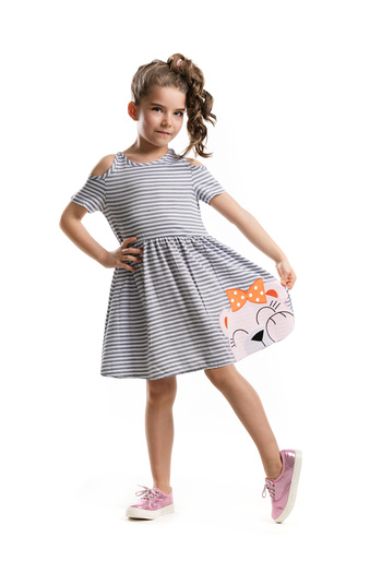 MSHB&G Gray Striped Girl's Summer Dress with Shoulder Hollow Out