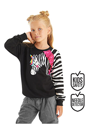Denokids Zebra Patterned Girl's Black Long Sleeve Ruffle Sweatshirt