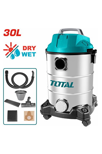TOTAL 30L Vacuum Cleaner Metal Drum Wet & Dry 1300W, 1.8 M Cable, Accessories