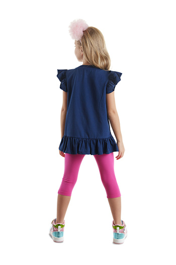 Denokids Unicorn Patterned Navy Blue and Pink Girl's Summer Set - Frilly T-shirt and Leggings