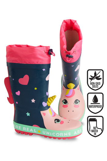 Denokids Unicorn Patterned Girl's Rain Boots - Navy Blue, Elastic
