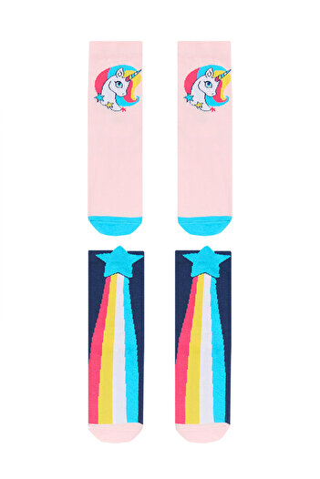 Denokids Rainbow Star Unicorn Kız Çocuk 2li Soket Çorap Takım