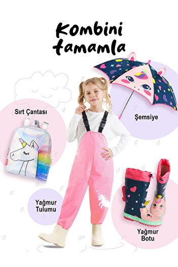 Denokids Unicorn Kız Çocuk Su Geçirmez Yağmur Tulumu