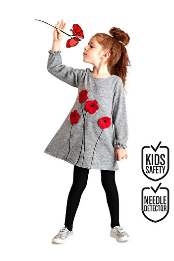 MSHB&G Girl's Gray Poppy Flower Pattern - Elastic Long Sleeve Dress