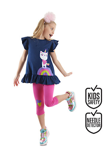 Denokids Unicorn Patterned Navy Blue and Pink Girl's Summer Set - Frilly T-shirt and Leggings
