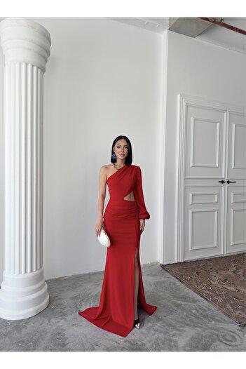 ALFUDO Moda Collection Tek Kol Derin Yırtmaçlı Krep Gece Elbisesi Kırmızı Abiye