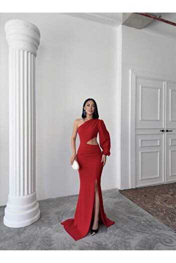 ALFUDO Moda Collection Tek Kol Derin Yırtmaçlı Krep Gece Elbisesi Kırmızı Abiye