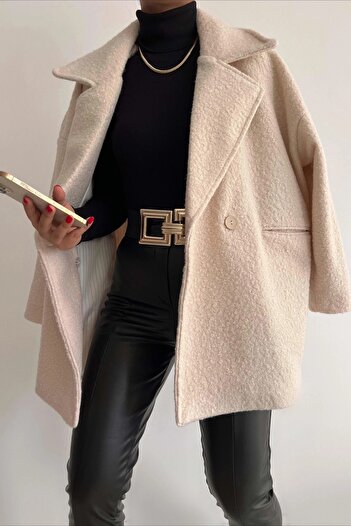 Suziş Μπεζ χρώμα μπουφάν με υφή Oversize Standard Size με επένδυση με διπλό στήθος κοντό παλτό 9243