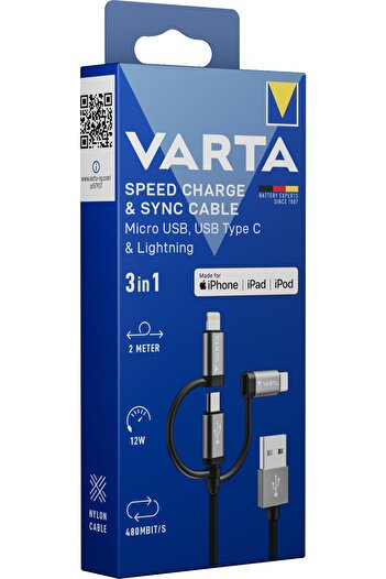 Varta Fast Charging and Data Cable 3 in 1 USB A–Light/Micro/Type C