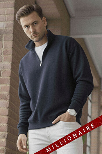 Millionaire Men's Navy Blue Turtleneck 3 Thread Fleece Inside Ribbed Oversize Sweatshirt
