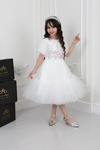 arushi Girls' ivory white tulle dress with embroidery on the chest