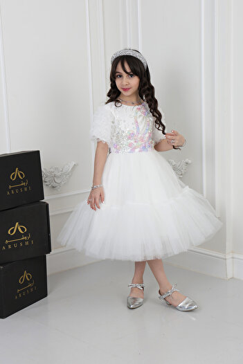 arushi Girls' ivory white tulle dress with embroidery on the chest