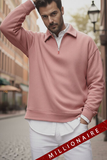 Millionaire Men's Pink Half Zipper Polo Collar 3 Thread Fleece Inside Ribbed Oversize Sweatshirt
