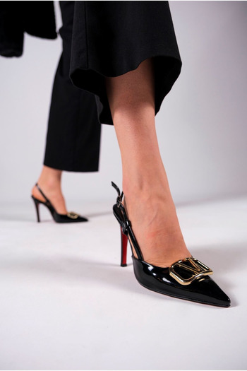 AleWomen Walen Black Patent Leather Gold Buckle Detailed Pointed Toe High Heel Women's Stiletto Heeled Shoes