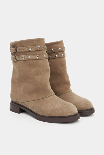 NİŞANTAŞI SHOES Faye Rome Bej Süet Hakiki Deri Düz Taban Yuvarlak Burun Kadın Bot
