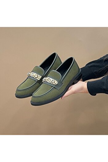 Craftique Khaki Suede Stylish Stone Detailed Women's Office School Daily Use Quality Moccasin Loafer Shoes
