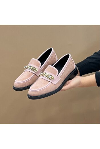 Craftique Pink Suede Stylish Stone Detailed Women's Office School Daily Use Quality Moccasin Loafer Shoes