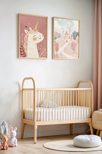 HİGUERA Pembe Unicorn Ve Masalsı Şato Doğal Ahşap Çerçeveli Çocuk Odası ve Bebek Odası Tablosu